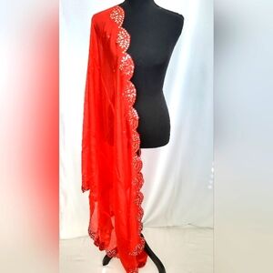 Elegant Red Silk  Scarf/ Dupatta with Cut Work And Mirror Embellishments